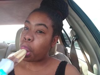 Ebony Big Lips Sucking Ice cream Pop Outside in Car - Cami Creams