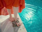 Preview 5 of Ginger Girl in Long Red Dress Gets Hairy Pussy Creampie in Swimming Pool