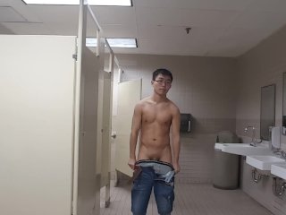 Asian Twink Strips Naked in Public Bathroom