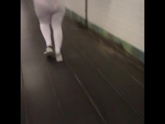Candid see through white leggings walking through train station