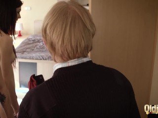 Two  step sisters_fuck their grand dad and share his old cock
