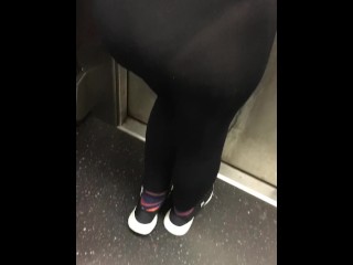 Wife in see through Leggings with Fatigue Panties on Public Train