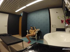 Henessy masturbating in the public bathroom