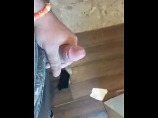 Standing and jerking, huge cumshot.