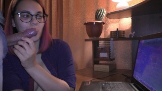 Without Being Distracted From The Game Gamer Girl Performs Blowjob