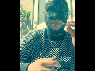 Maskedebony bbw smoking outside in back garden sucking vibratorin secret