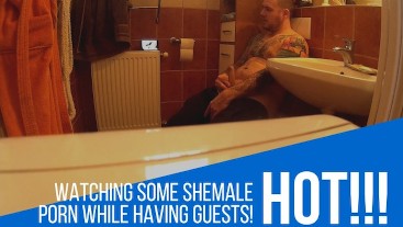 In the bathroom fapping for shemale porn