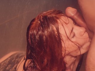 redhead shower, shower blowjob, shower masturbation, ball sucking