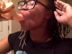 Tranny sucks a 5 inch dildo