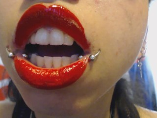 Completely Smearing Bright Red Lipstick and Making a Mess
