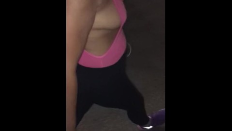 Pink leotard side boob in late park walk