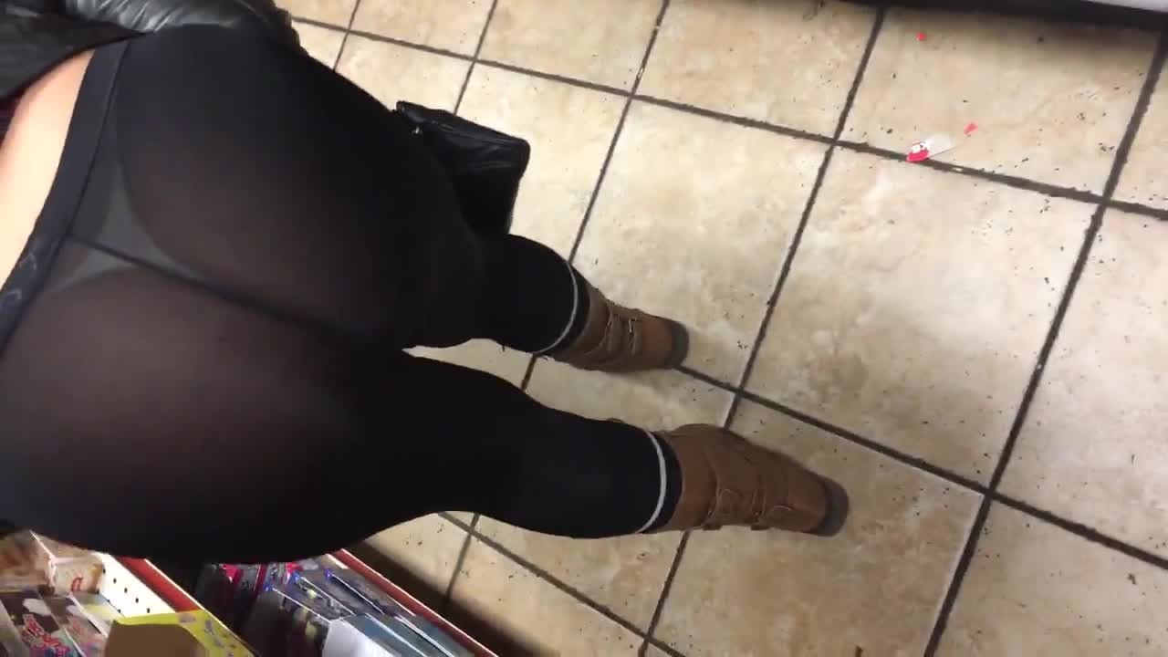 Wife See through black spandex public thong in store