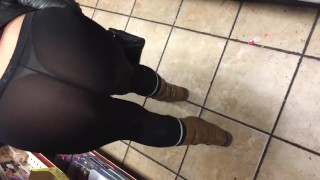 Wife In Store See-Through Black Spandex Public Thong