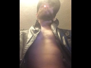 Leather Blazer No Shirt Smoking a Spliff