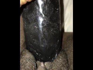 Ebony Creamy her Hairy Pussy with Big Dildo