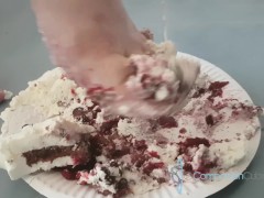 Smushing cake with my feet and between my boobs.