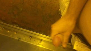 Wank and cum in public toilet, almost caught