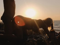 First day in Paradise. Deepthroat and creampie on the beach at sunset.
