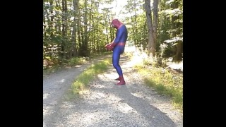 outdoor spiderman with exposed cock