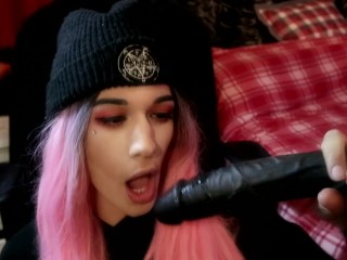 Cute Trans Girl gives Spitty Sloppy Blowjob to BBC Dildo