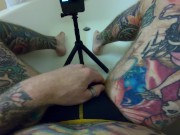 Preview 5 of Inked Daddy Bear Stroking and Pissing in Hotel