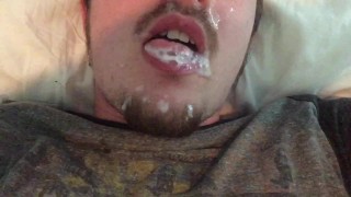 Cum Slurper CEI Cumslut Fills Mouth & Blows Bubbles Legs Up Cock Reacts