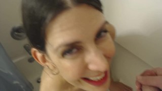 A Young MILF Sucking Cock While Taking A Shower And Consuming A Large CIM Cum Swallow