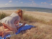 Preview 2 of INTERRUPTED SEX on PUBLIC BEACH | Risky Outdoor Creampie Hairy Ginger Pussy