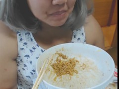 Cute feedee eats noodles for her feeder