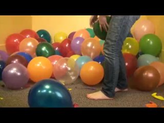 kink, barefoot, popping balloon, brunette