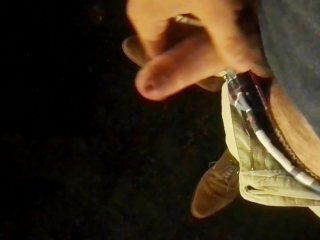 Horny uncut teen jerking and cumming at a public car park