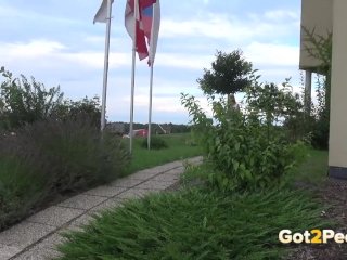 Blonde pees in public outside