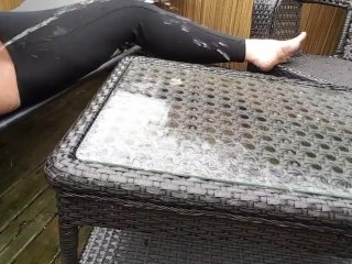 pee in rain, pee on glass table, piss, causal piss