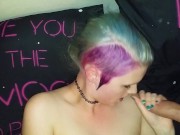 Preview 6 of Alternative blue purple haired teen girl playing with pussy and giving blowjob while moaning