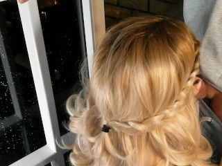 Hot blonde smokes on the balcony and sucks a dirty dick