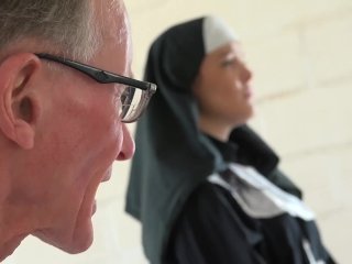 Horny teen nun strips and fucks an old man in the confessional