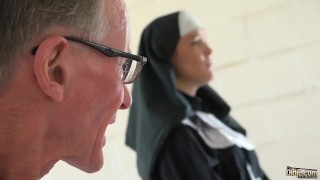 In The Confessional A Horny Teen Nun Strip And Fucks An Elderly Man