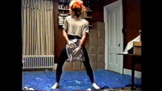 black tights & mask with crop top humping air pillow 1990's VHS quality