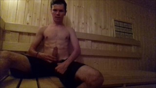 Teen After A Workout In The Gym And Pool Jerking Off His Cock In A Public Sauna