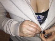 Preview 2 of Amazing Titfuck In Sports Bra And Sweater, Handjob Cumshot On Huge Boobs
