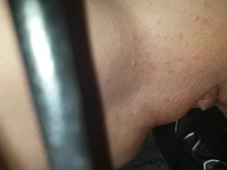 Squirting and masturbating on chair with huge dildo