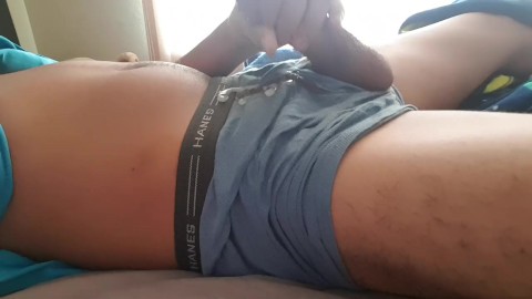 Boy jerks off and cum on his boxer