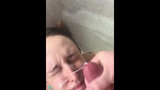 Wife sucks my cock in the shower, gets a huge facial