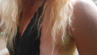 blonde running up stairs with see thru top in florida in public