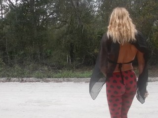 Blonde Striptease on Public Road in Yoga Pants Gets Topless Flashing Boobs