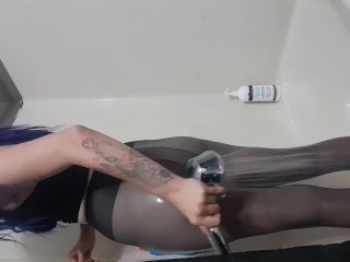Goth girl being silly and sexy in WET PANTYHOSE