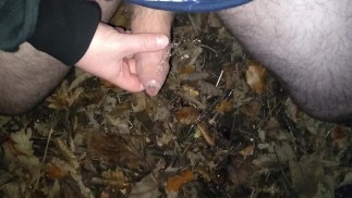 Подвешенный неразрезанный детеныш писает и кончает на открытом воздухе