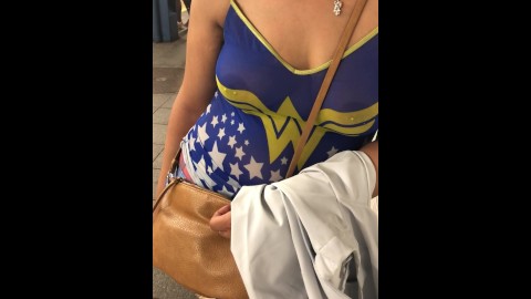 Flashing See through wonder women shirt on train platform (nipple rings)