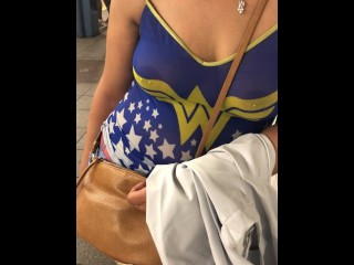 Flashing see through wonder Women Shirt on Train Platform (nipple Rings)