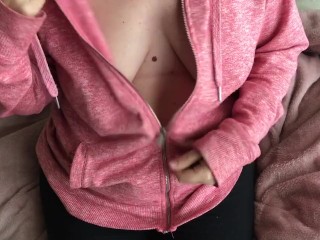 MILF Slowly Unzips Hoody to Show Big Tits and Nipples